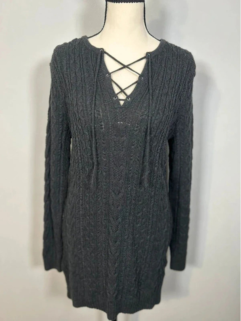 Jeanne Pierre Black Cable Knit Lace Up Front Sweater Tunic M